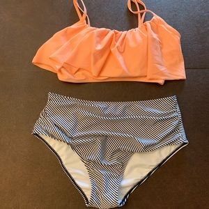 Cupshe high waist stripes and coral bathing suit